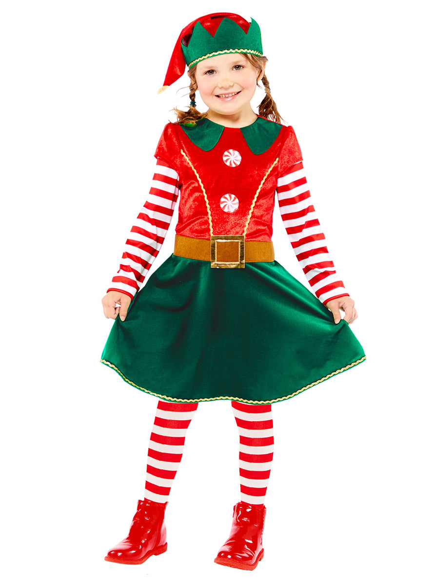 Girls Red And White Striped Elf Christmas Costume
