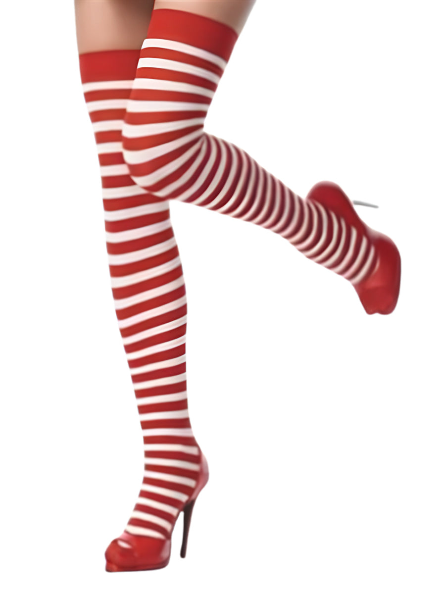 Striped Red and White Thigh High Socks