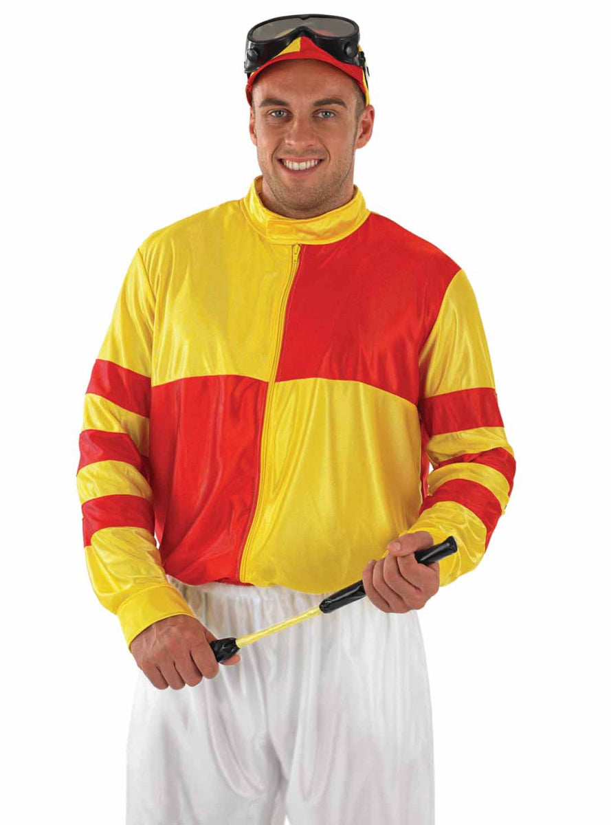Plus Size Mens Red and Yellow Jockey Costume - Close Image