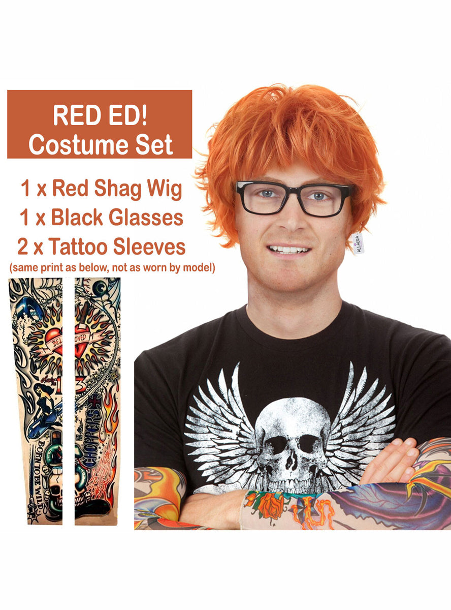 Red Ed Mens Short Orange Costume Wig Glasses And Tattoo Sleeve Set - Details Image