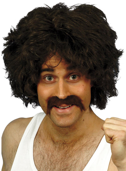 Mens Black Retro Costume Wig and Moustache