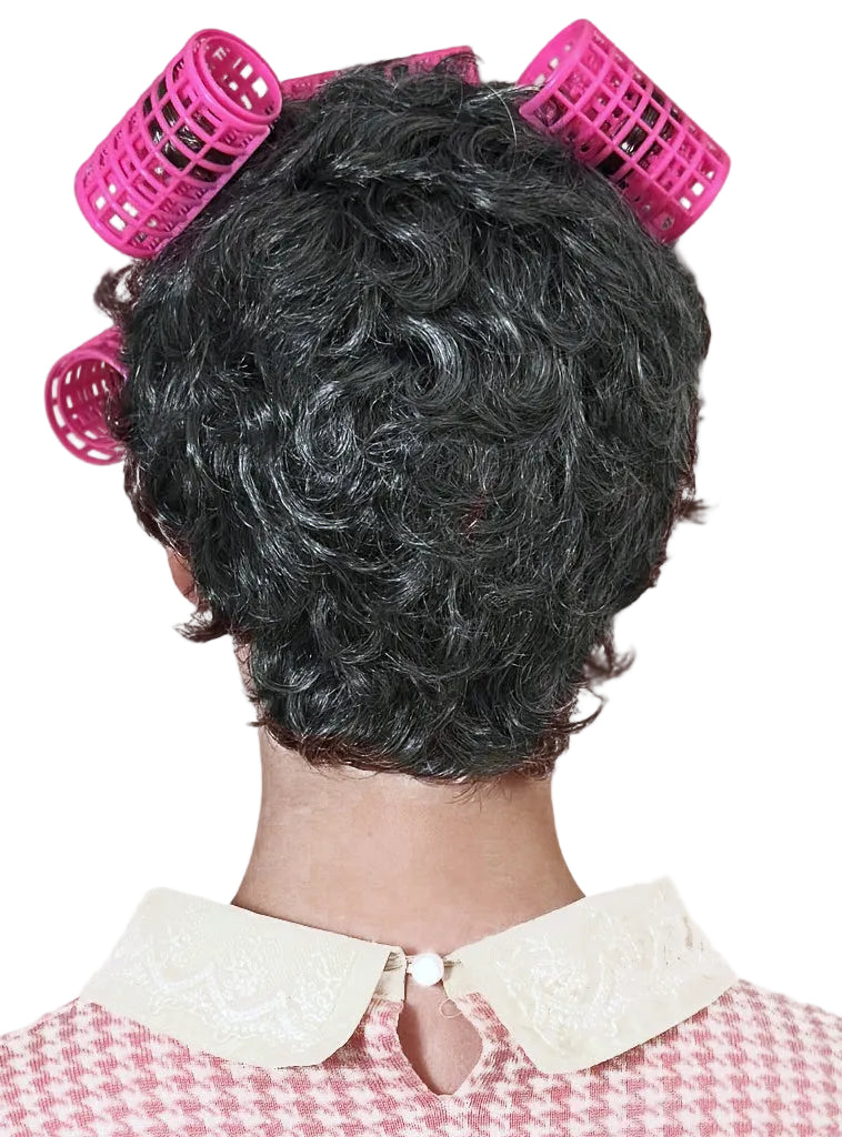 Retro Housewife Old Lady Costume Wig With Curlers - Back Image 2