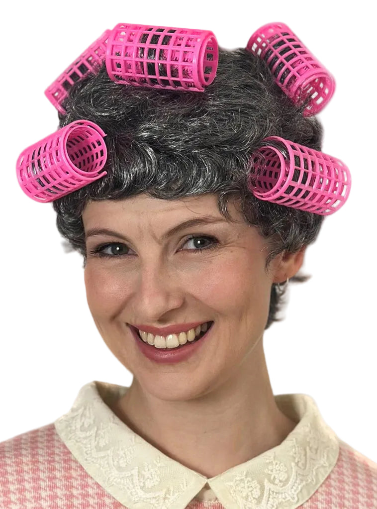Retro Housewife Old Lady Costume Wig With Curlers - Main Image