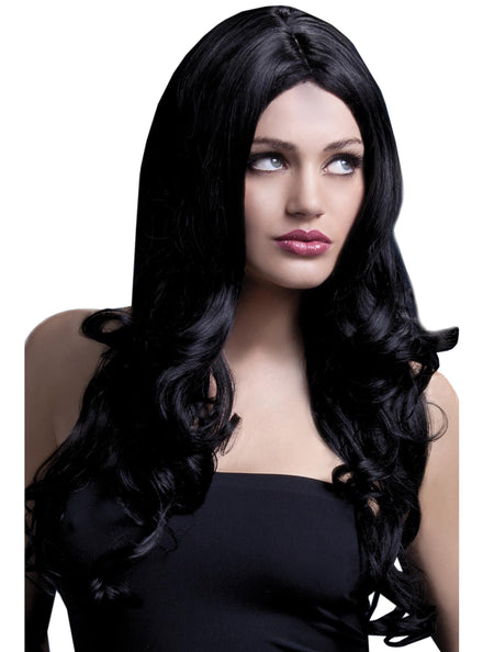 Womens Long Curly Black Costume Wig With Center Part - Main Image