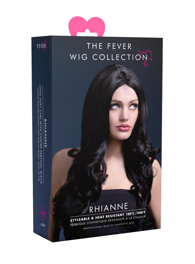 Womens Long Curly Black Costume Wig With Center Part - Packaging Image