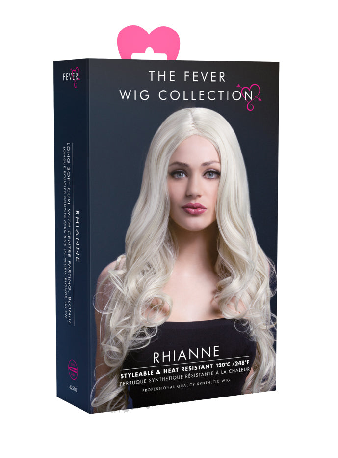 Light Blonde Womens Long Curly Costume Wig With Center Part - Packaging Image