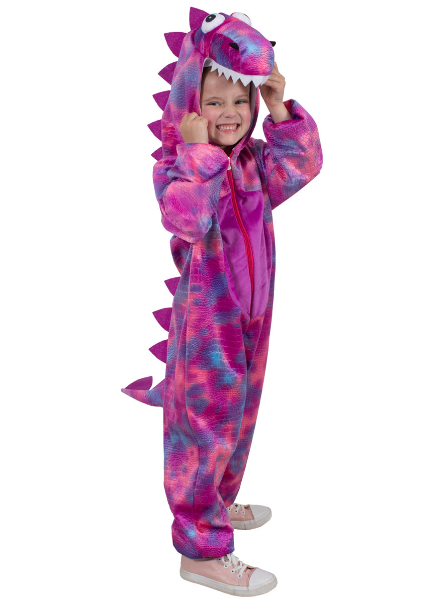 Toddler Girls Purple Dinosaur Costume Onesie - Side Image 3