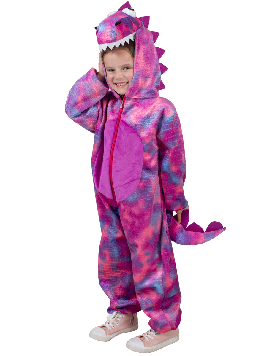 Toddler Girls Purple Dinosaur Costume Onesie - Alternative Image