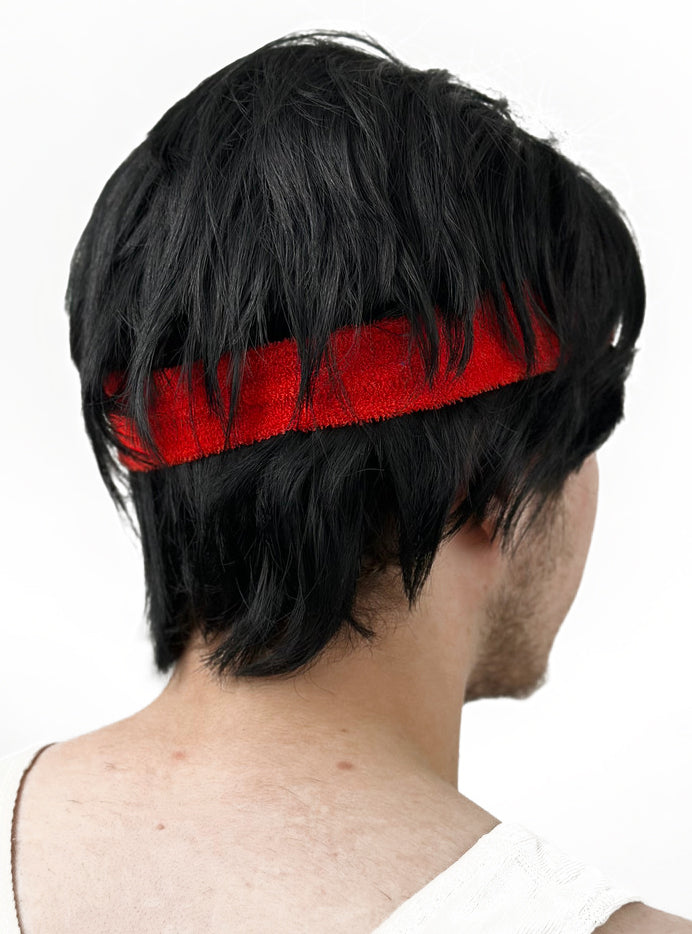 Rocky Boxer Mens Short Black Costume Wig With Red Headband - Back Image