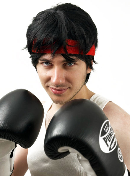 Rocky Boxer Mens Short Black Costume Wig With Red Headband - Main Image