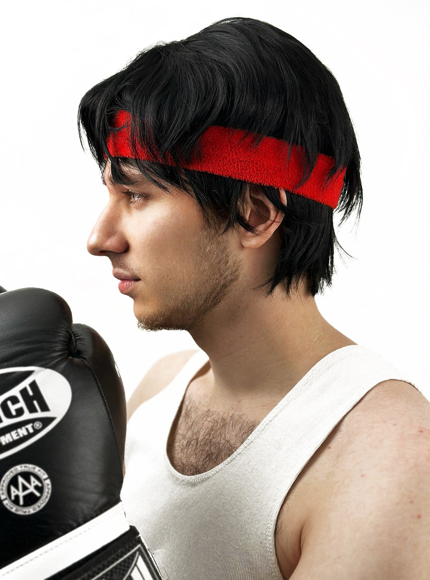 Rocky Boxer Mens Short Black Costume Wig With Red Headband - Side Image 2