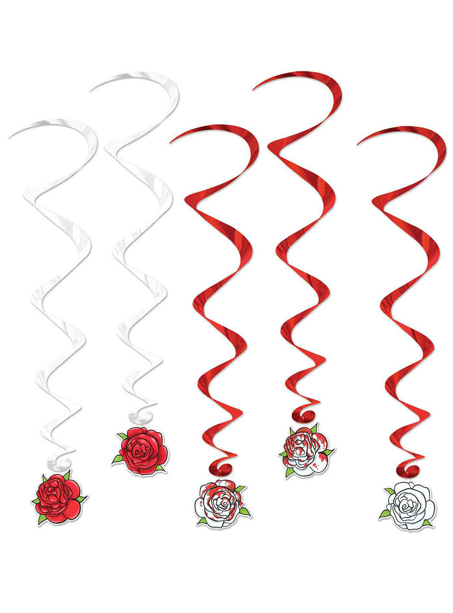 Hanging Red and White Rose Swirl Decorations 6 Pack