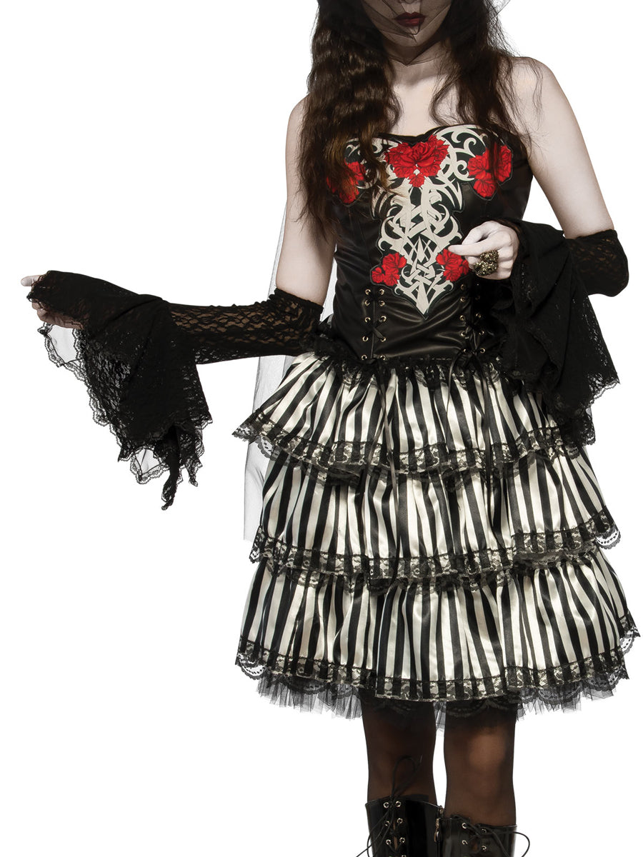 Lace Ruffled Black Halloween Womens Gauntlets - Alternate Image