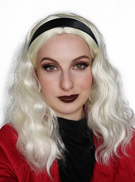 Sabrina Witch Womens Short White Wavy Costume Wig With Headband - Main Image