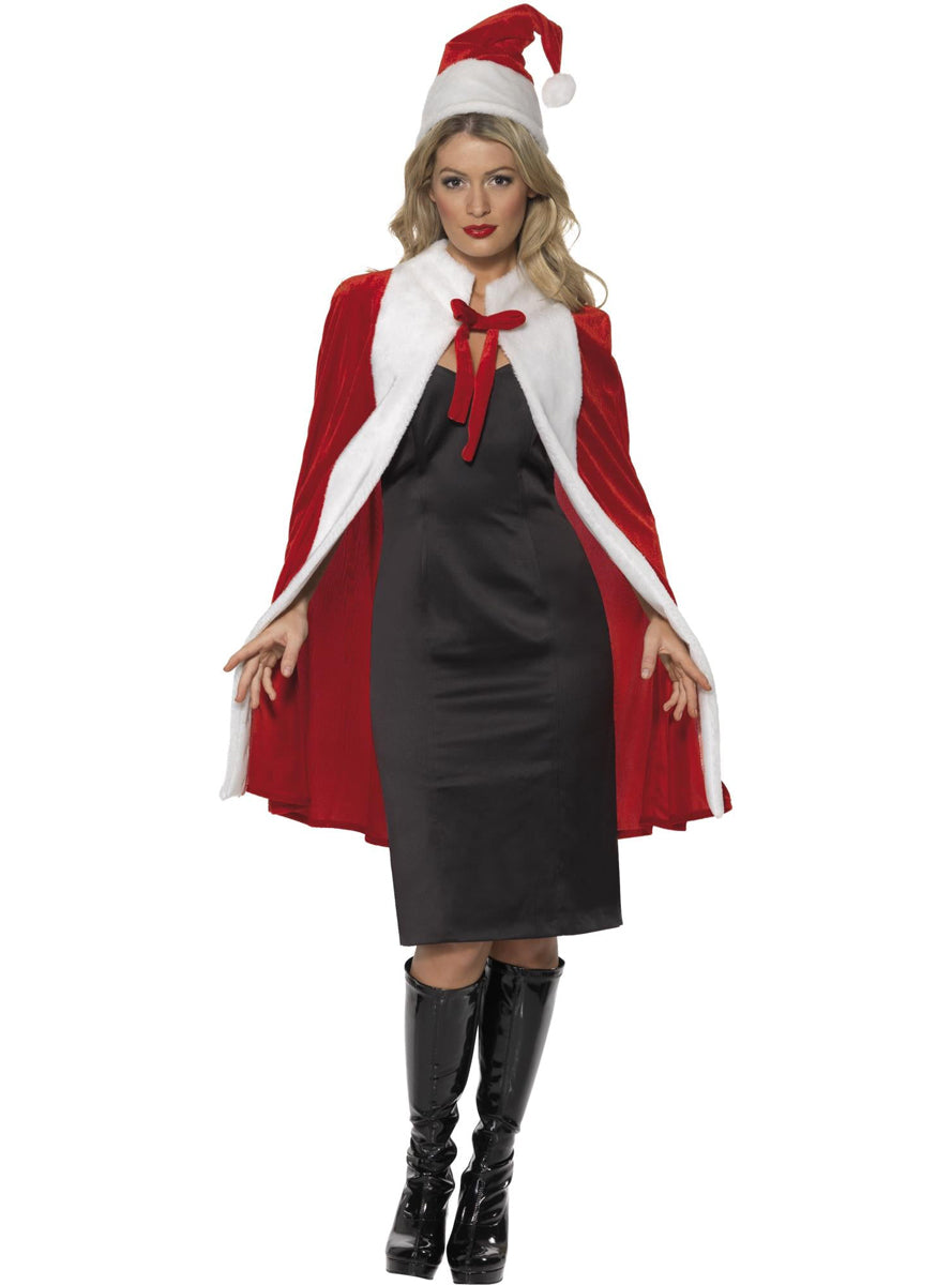 Womens Red Christmas Costume Cape And Hat Set - Main Image
