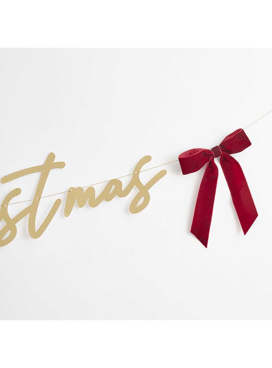 Santa Baby Gold Merry Christmas Banner 2m With Red Velvet Bows – Close Image