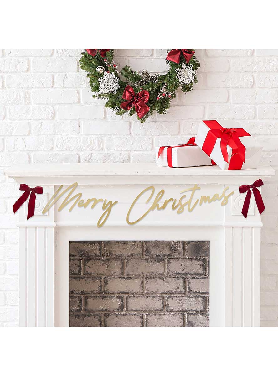 Santa Baby Gold Merry Christmas Banner 2m With Red Velvet Bows – Lifestyle Image