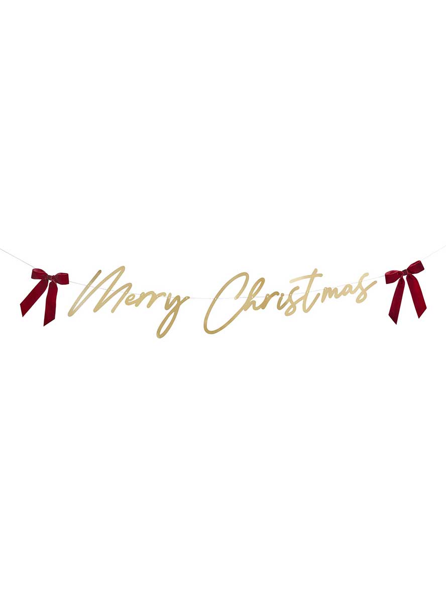 Santa Baby Gold Merry Christmas Banner 2m With Red Velvet Bows – Main Image