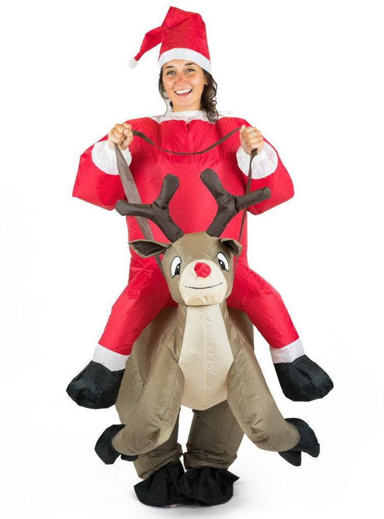 Santa Riding Reindeer Novelty Adults Inflatable Christmas Costume - Alternative Image