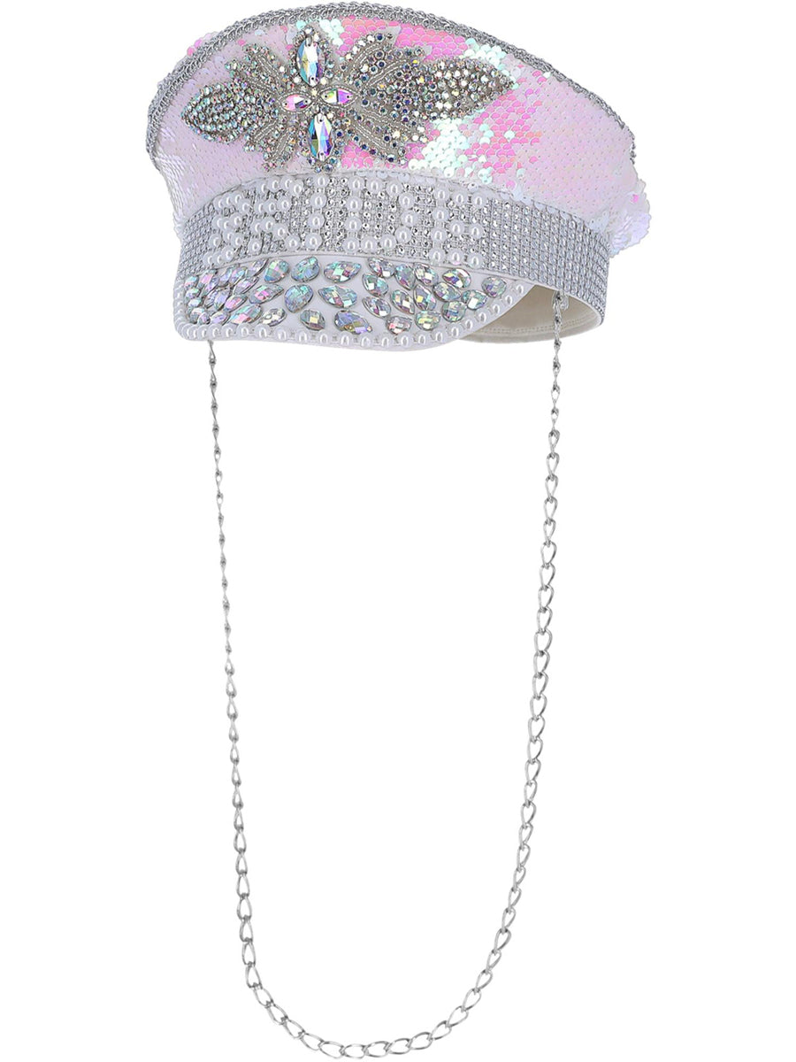 White And Silver Deluxe Festival costume Hat With Sequins And Pearls - Main Image