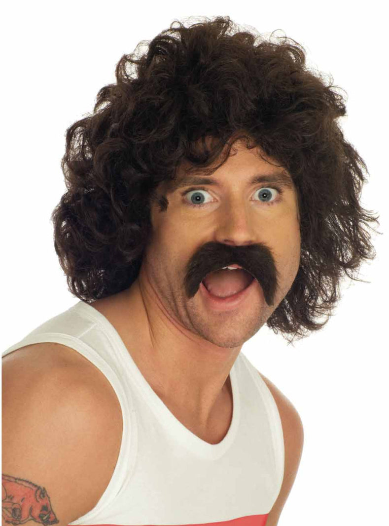 Brown Curly Mens Shaggy Costume Wig and Moustache Set - Main Image