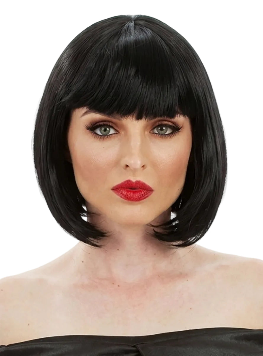 Short Black Womens Bob Costume Wig With Fringe - Close Image