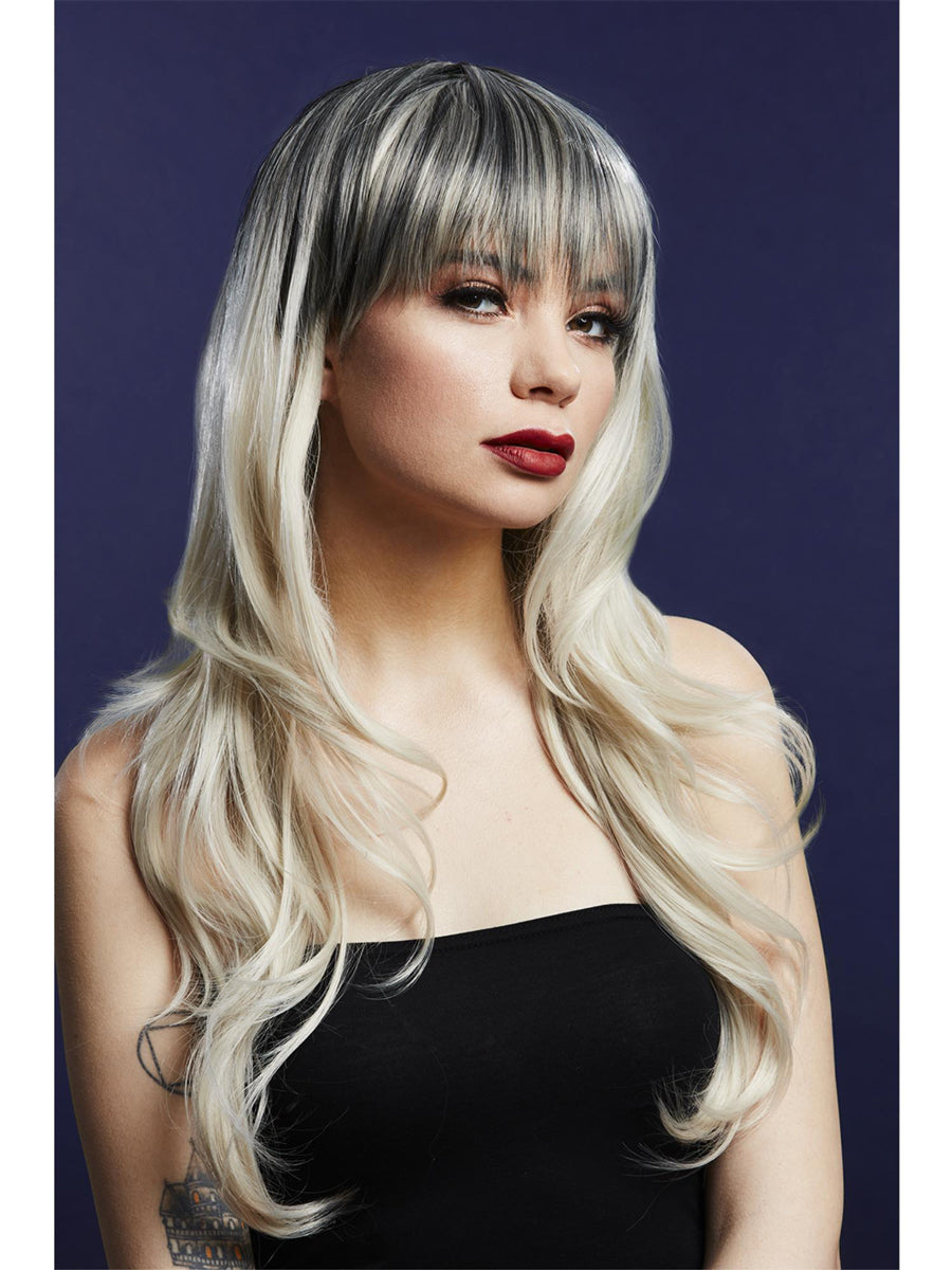 Womens Blonde Wavy Long Fashion Wig With Fringe And Dark Roots - Main Image