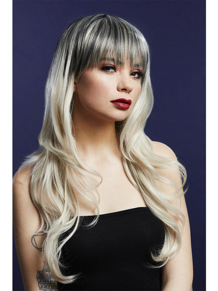 Womens Blonde Wavy Long Fashion Wig With Fringe And Dark Roots - Main Image