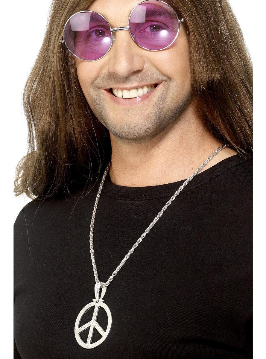 Silver Peace Sign Necklace 1960s Hippie Costume Necklace