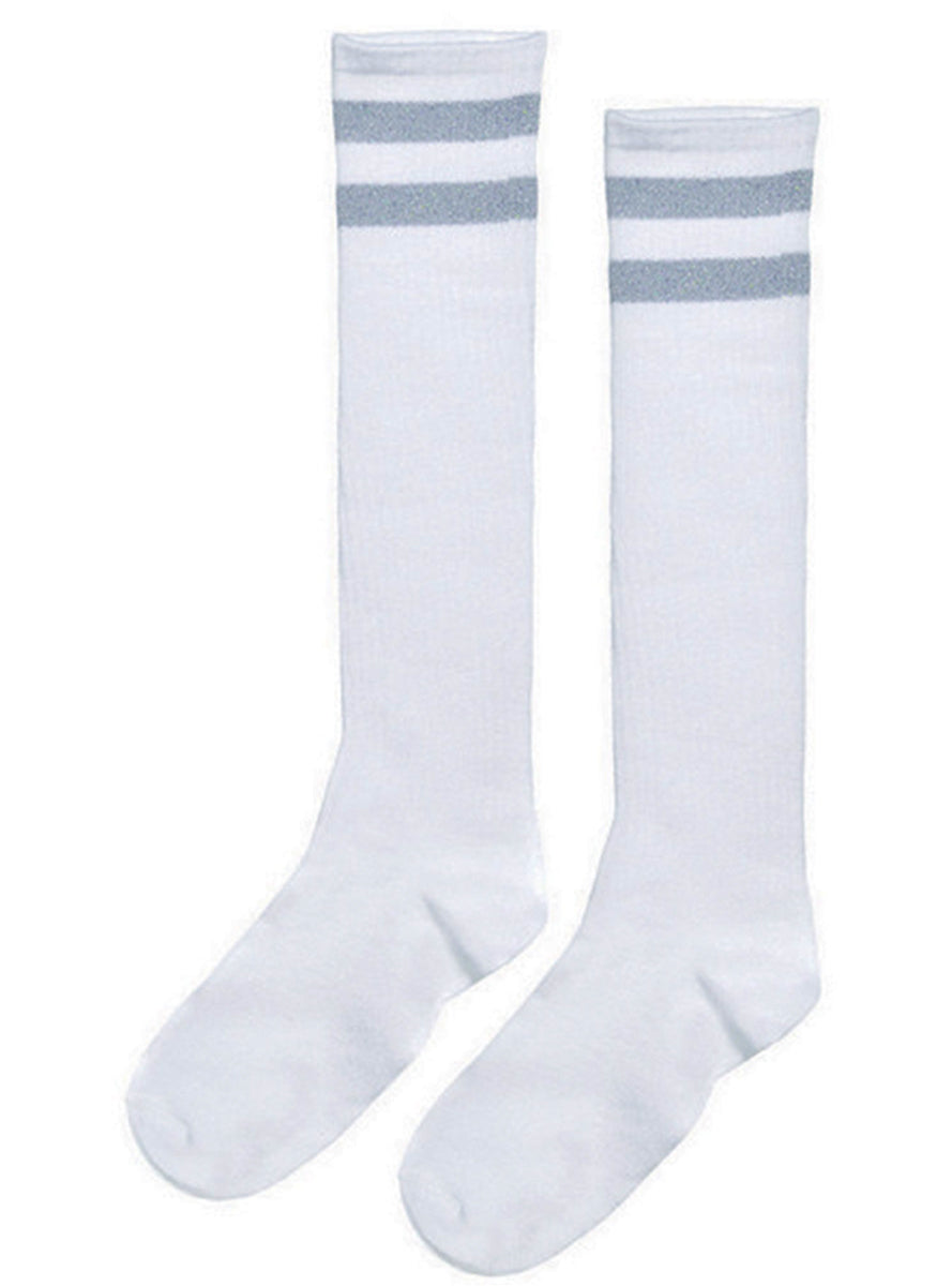 White Knee High Socks with Silver Stripes