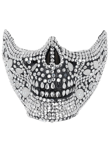 Half Face Deluxe Silver Crystal Skull Halloween Mask - Main Image