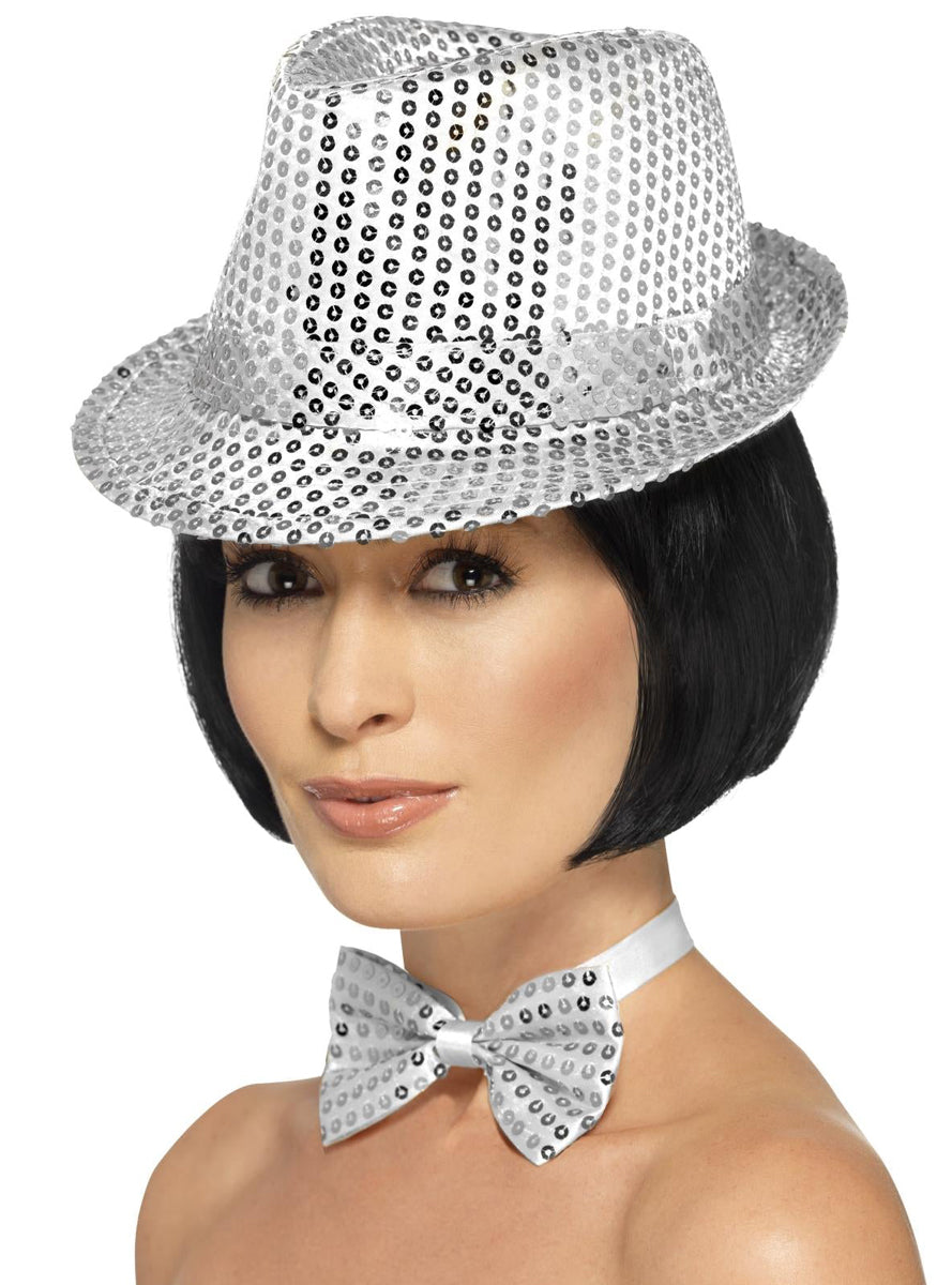 Adults Silver Sequin Trilby Costume Hat - Main Image