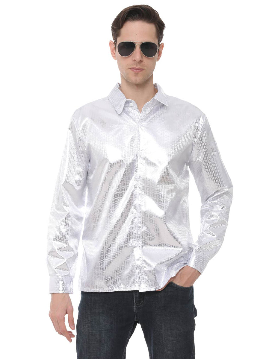 Light Silver Sequined Mens 1970s Disco Costume Shirt - Alternative Image
