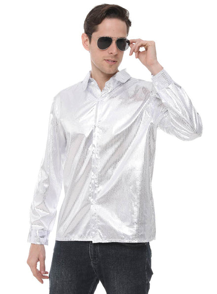 Light Silver Sequined Mens 1970s Disco Costume Shirt - Main Image