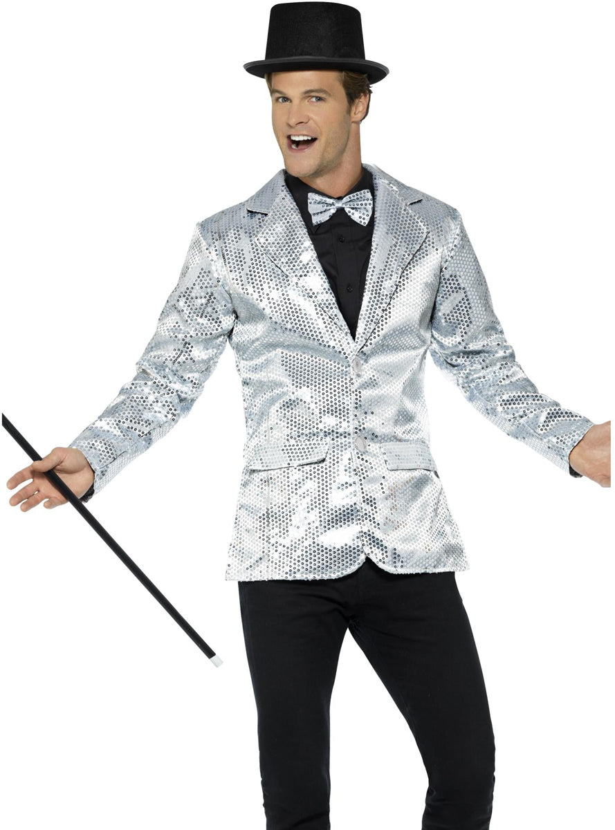 Mens Silver Sequin Costume Jacket with Tail Coat - Close Front Image