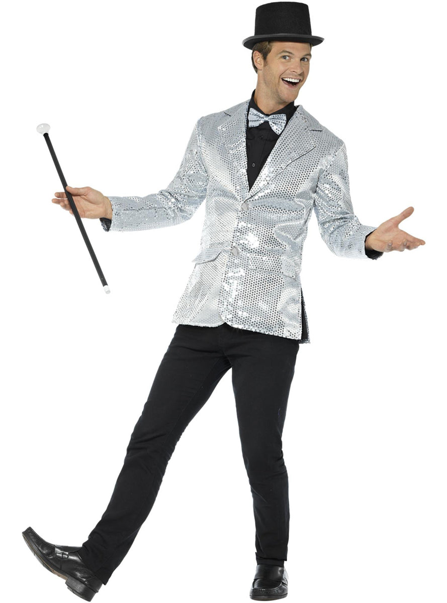 Mens Silver Sequin Costume Jacket with Tail Coat - Front Image