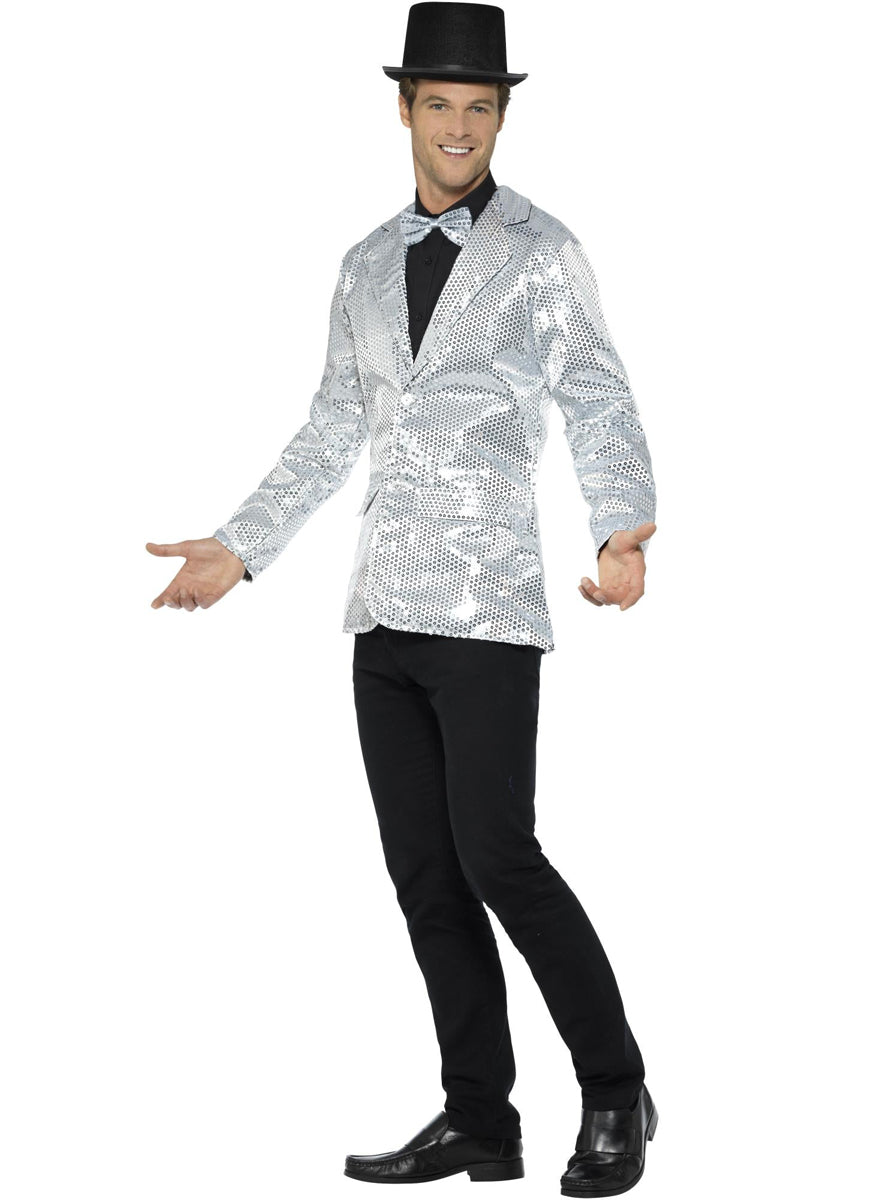 Mens Silver Sequin Costume Jacket with Tail Coat - Side Image