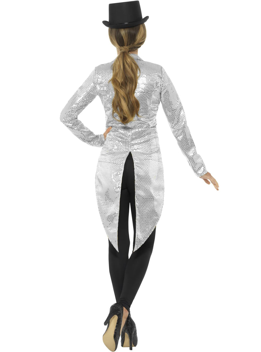 Plus Size Womens Silver Sequin Tail Coat Jacket - Back Image