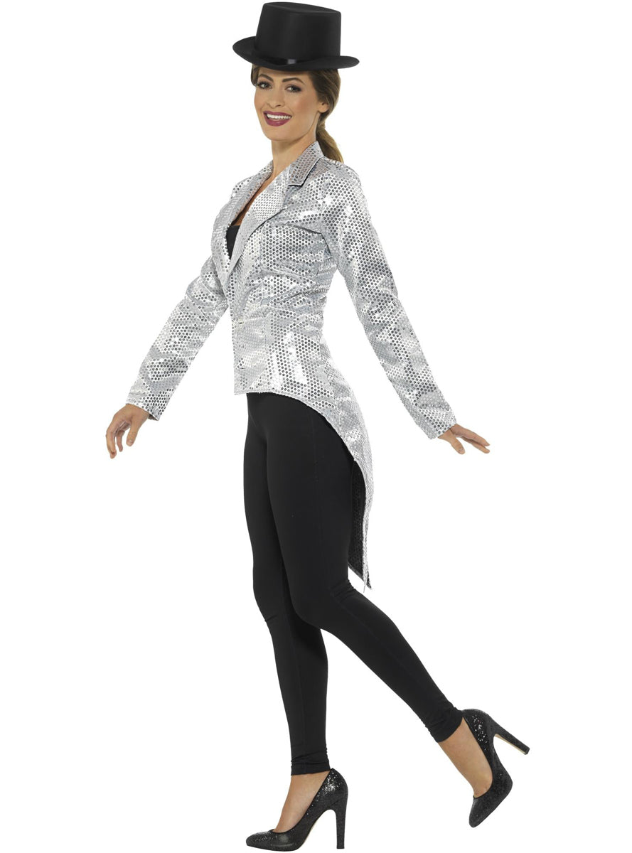 Plus Size Womens Silver Sequin Tail Coat Jacket - Side Image