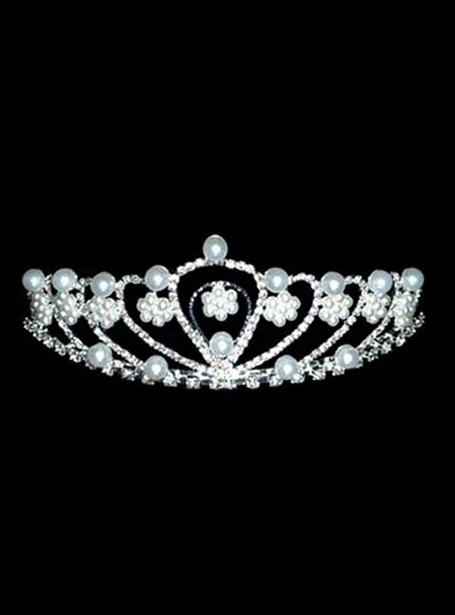 Silver Metal Tiara with Rhinestones and Pearls