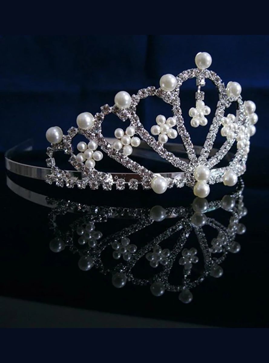 Silver Metal Tiara with Rhinestones and Pearls