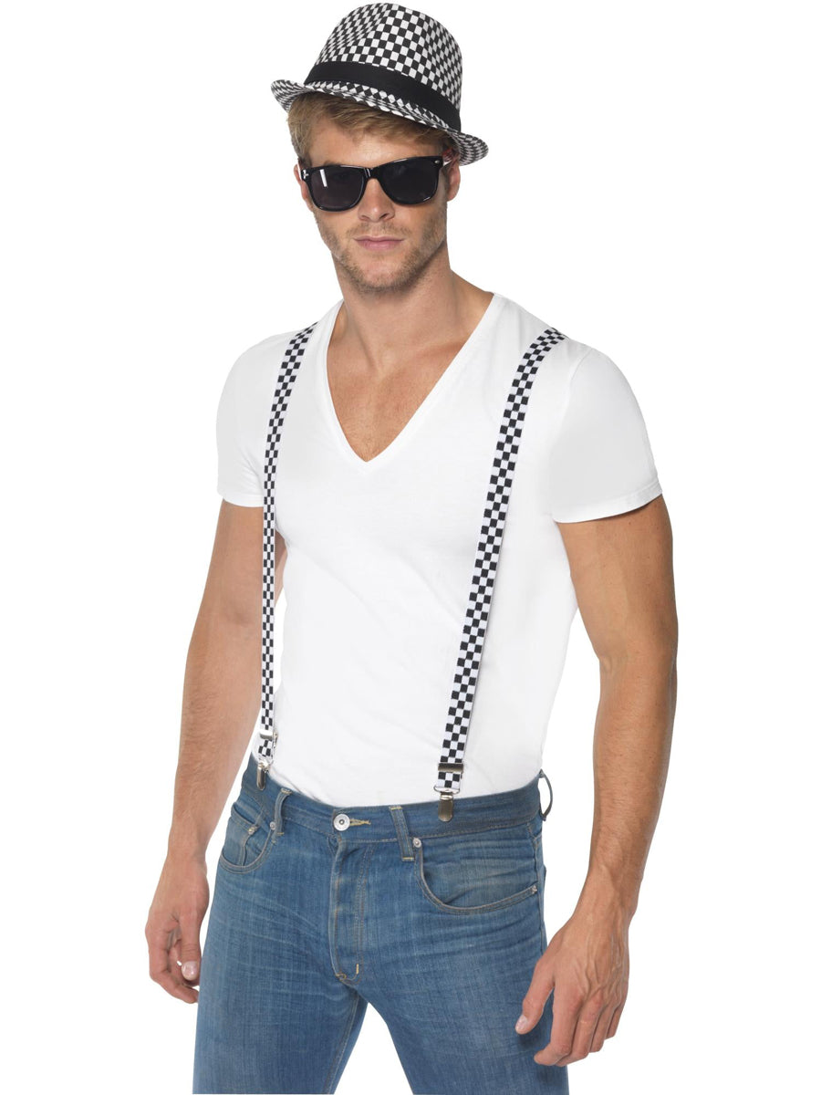 Black and White Ska Hat and Braces Accessory Set - Alternate Close Front Image