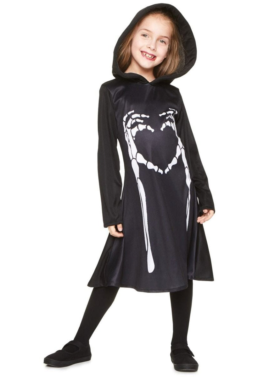 Skeleton Hands Hooded Girls Black Halloween Costume Dress - Main Image