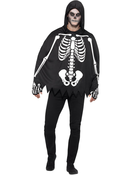 Mens Skeleton Halloween Costume Poncho And Gloves Set - Main Image
