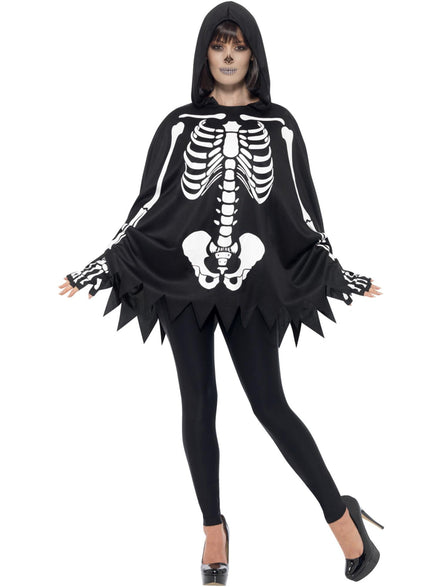 Womens Skeleton Halloween Costume Poncho And Gloves Set - Main Image