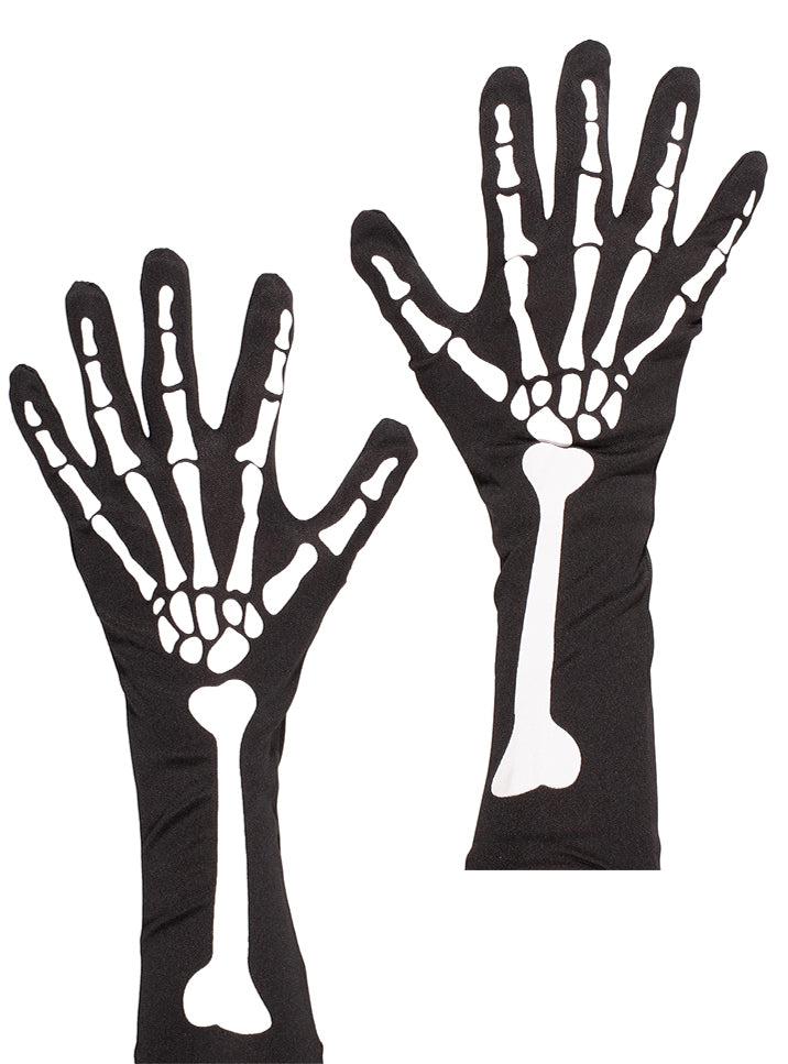 Image of Skeleton Print Long Black Halloween Costume Gloves