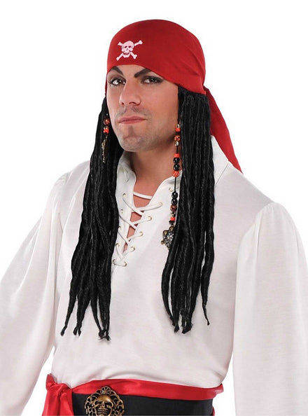 Mens Black Pirate Wig with Red Bandanna