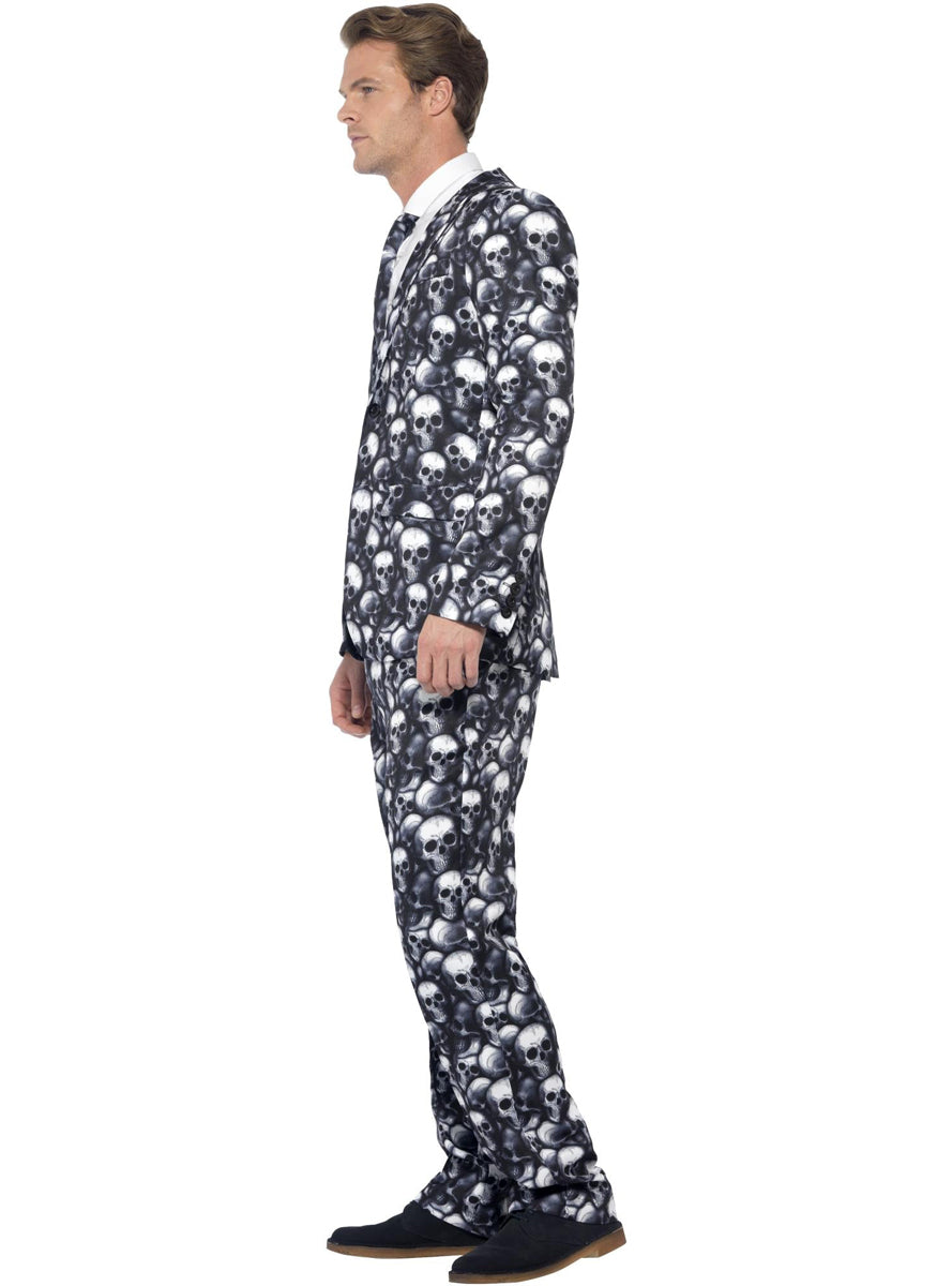 Mens Black and White Skull Print Costume Suit - Side Image