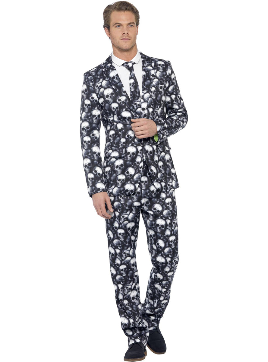 Mens Black and White Skull Print Costume Suit - Front Image