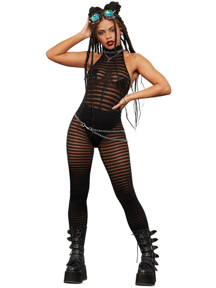 Sleeveless Black Striped Festival Bodystocking - Main Image